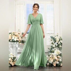 Lavetir Abigail A-Line V-Neck Half Sleeves Split Side Chiffon Bridesmaid Dress